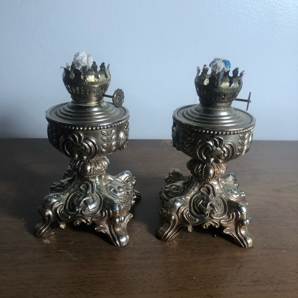 Antique Ornate Hong Kong Cast/Metal oil lamp bases RARE 6 inches
